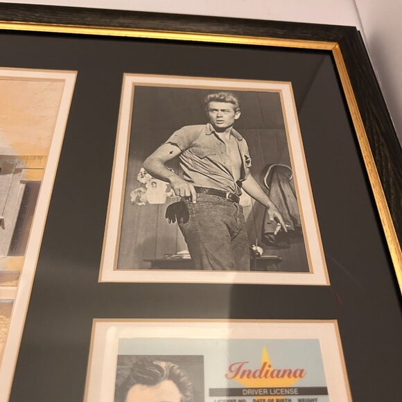 Handsome, rebellious, and a midwestern icon. This James Dean  James Dean Framed Wall Art Collage – Classic Hollywood Icon – Black & Gold Frame